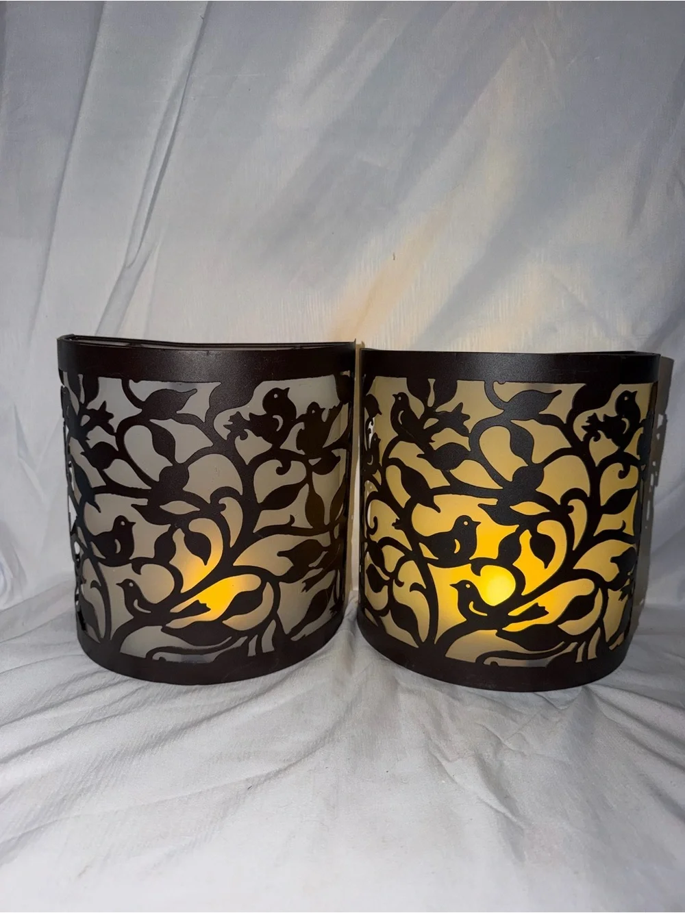 Set of 2 Bird & Branch Metal Wall Candle Sconces with Frosted Glass
